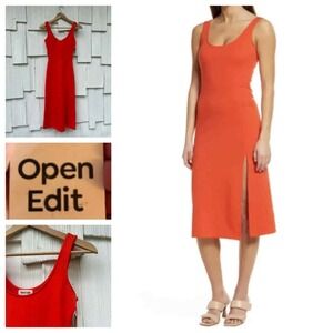 Open Edit Scoop Neck Jersey Midi Dress Red‎ Mandarin Sleeveless Leg Slit XXS NWT